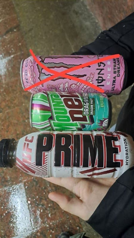 Полные напитки Prime, Mountain Dew, Monster Energy