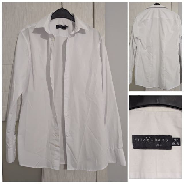 Рубашка классическая белая, рубашка серая, галстук с зажимом, брюки черные