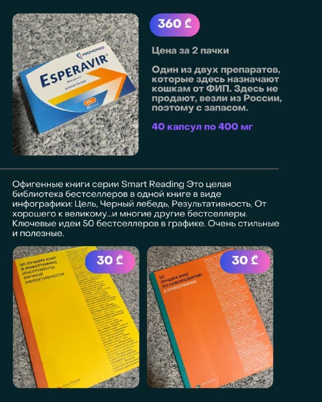 Электрогитара, портативный проектор, фотоаппарат, микрофон, плойка, книги, вечерние платья, Эсперавир 4