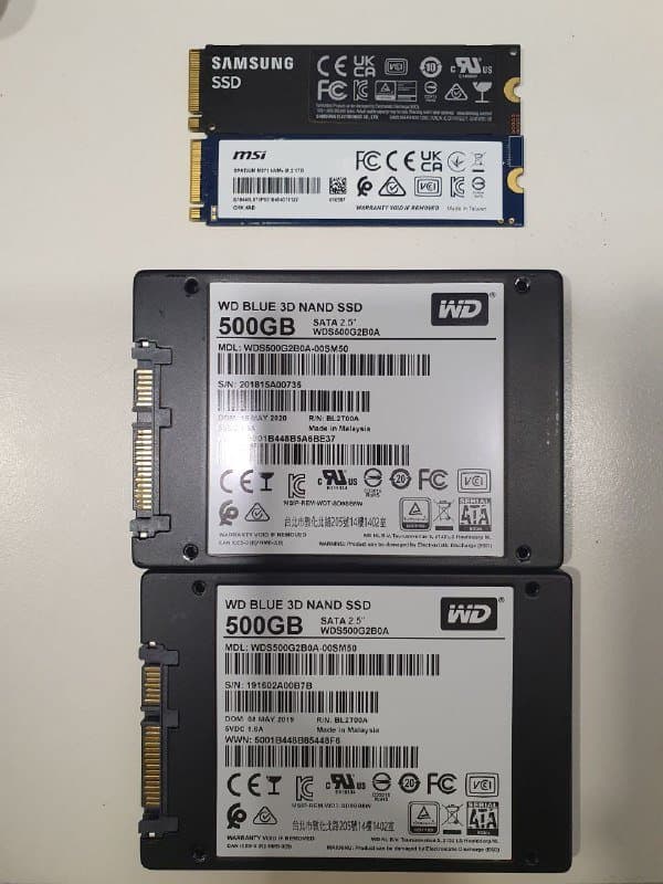 WD Blue 500GB, Samsung 980 500GB, MSI M371 1TB SSD