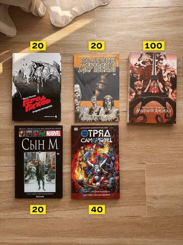 Комиксы и графические романы: Академия Амбрелла, Отряд самоубийц, Город Грехов, Ходячие Мертвецы, Сын М