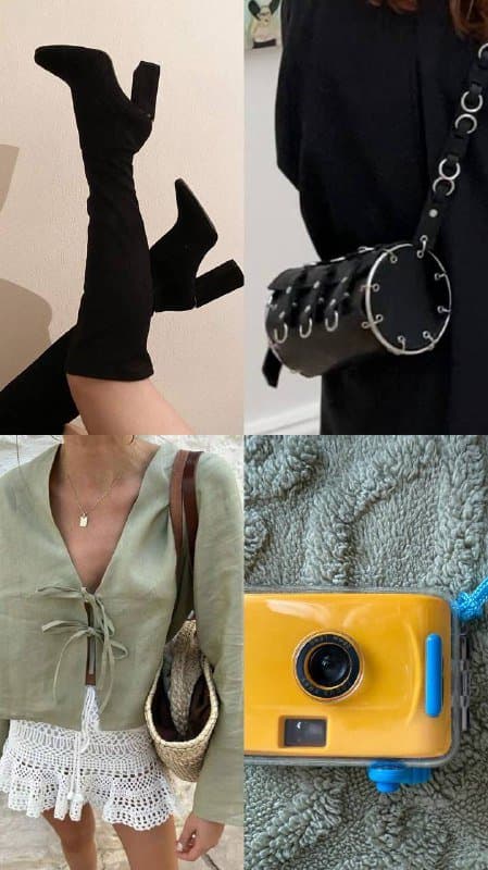 Ботфорты, сумка, блузка, юбка, аксессуары