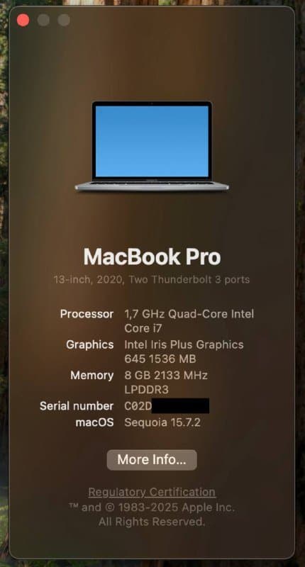MacBook Pro 13” 2020, Intel Core i7, 8 GB RAM, 256 GB SSD 3