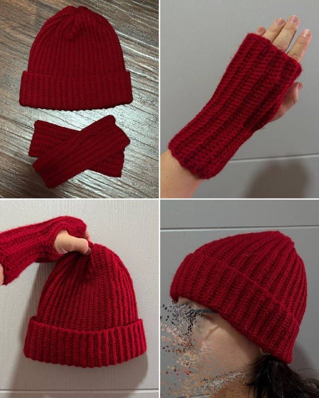 Комплект вязаный шапка и митенки