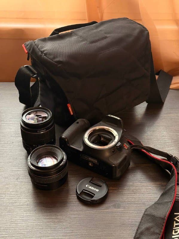 Камера Canon EOS Rebel T3i, объективы Canon EF 50mm f/1.4 и EF-S 18–55mm, сумка Manfrotto