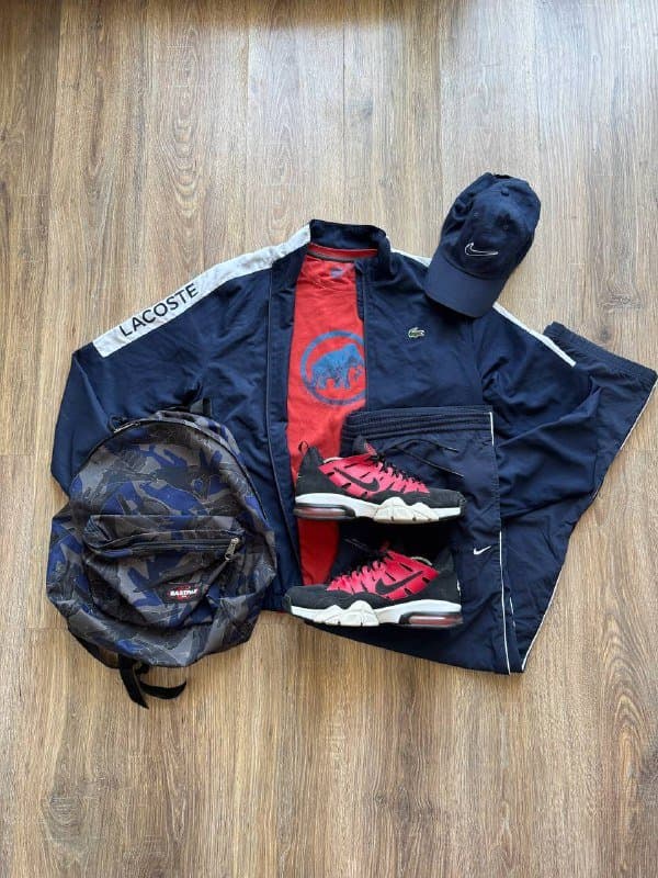 Ветровка Lacoste, штаны Nike, кепка Nike, кроссовки Nike Air Max 94, рюкзак Eastpak