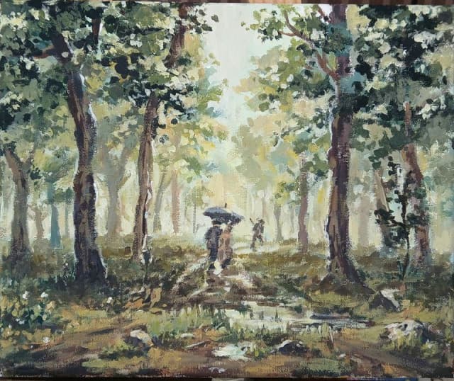 Картина Дождь в дубовом лесу акрил холст 25×30 см