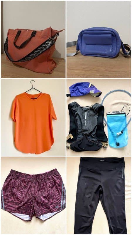 Спортивная футболка, беговые шорты, тайтсы, кепка, жилет, текстильная сумка, сумка-кроссбоди