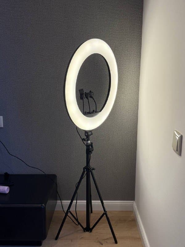 Стол деревянный, лампа напольная, кольцевая лампа, кресло кожаное и компьютерное, тумбочка, автокормушка и автопоилка для кошек, монитор, зеркало в полный рост 3