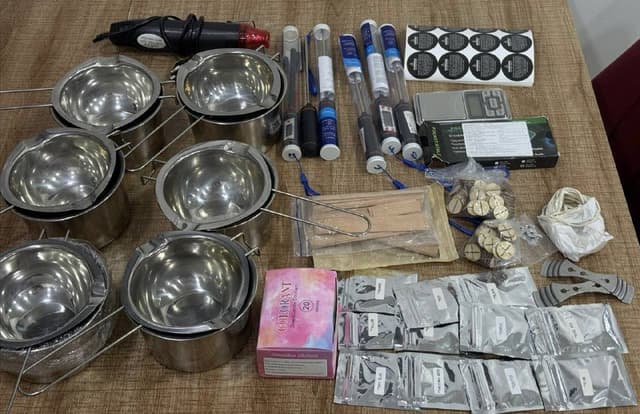 Фен для свечей, термощуп, набор для водяной бани, весы, набор для свечей, наклейки