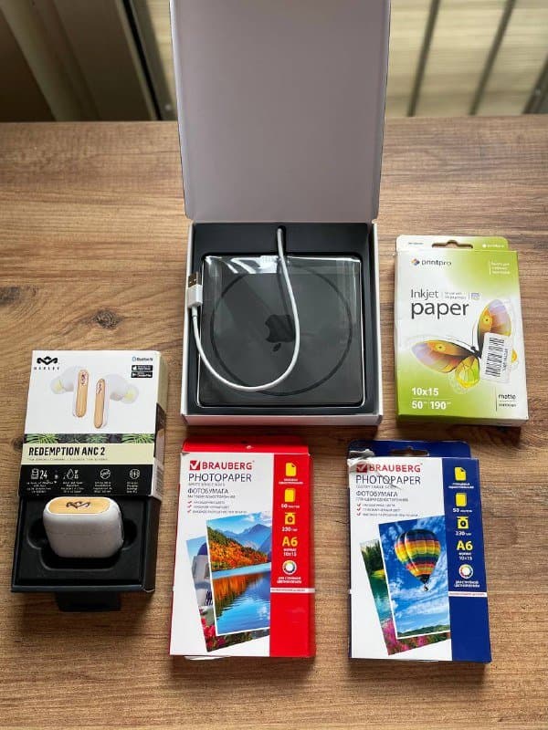 беспроводные наушники House of Marley Redemption ANC 2, внешний дисковод Apple USB SuperDrive, фотобумага 10х15 матовая и глянцевая