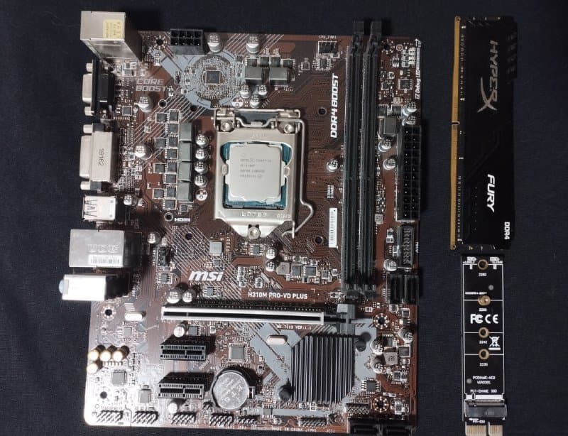 Процессор Intel Core i5-9400F, ОЗУ Kingston HyperX Fury 16GB, материнская плата MSI H310M, переходник NVMe-PCIe 1