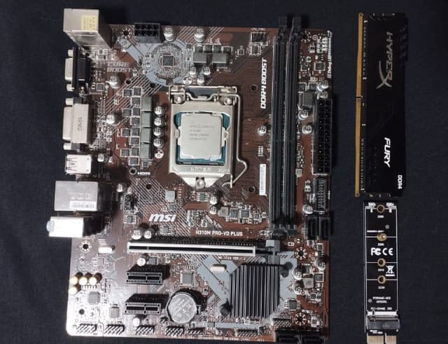 Процессор Intel Core i5-9400F, ОЗУ Kingston HyperX Fury 16GB, материнская плата MSI H310M, переходник NVMe-PCIe