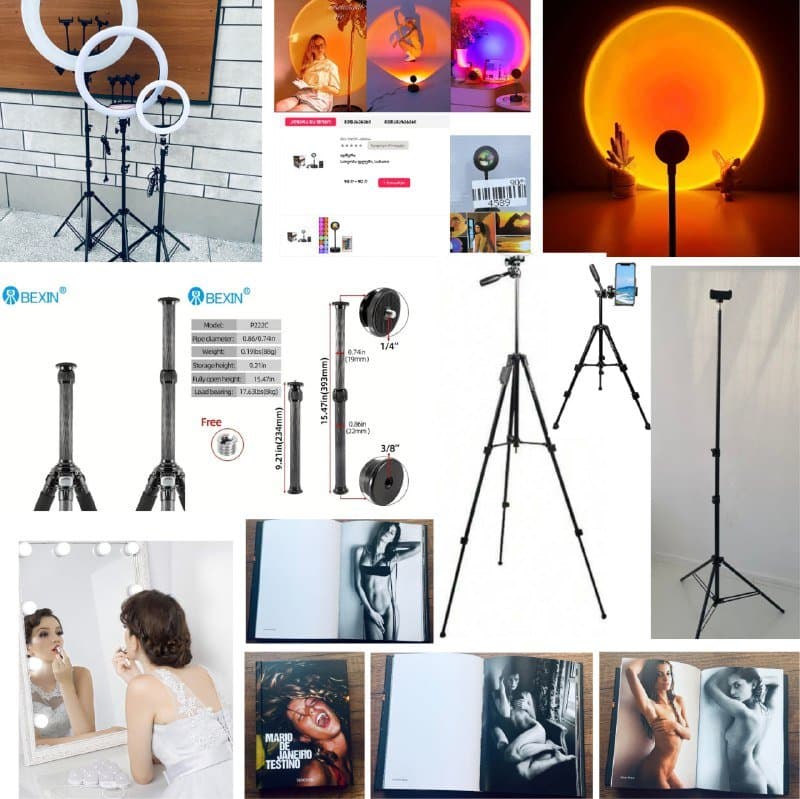 кольцевые лампы разных размеров, штативы, микрофон, фотокнига