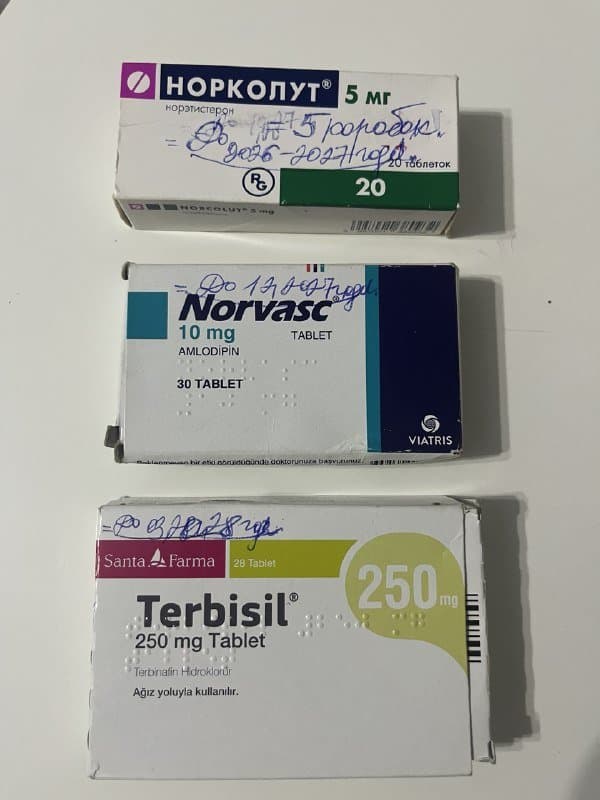 Таблетки Норколут, Norvasc, Terbisil