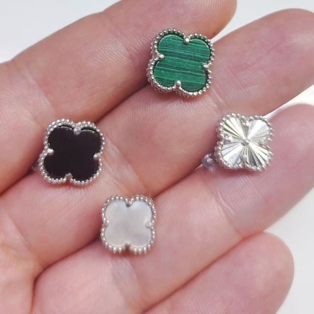 Серебряные серьги Van Cleef 925 проба белые, черные, зеленые, серебряные