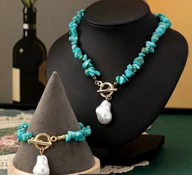 Набор ожерелье и браслет бирюза искусственный жемчуг
