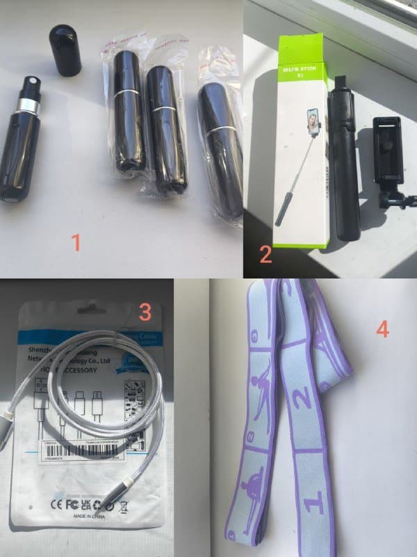 Флаконы для духов, селфи палка, кабель USB-C, резинка для йоги, оперативная память DDR5, защитное стекло камеры, бритва Т-образная