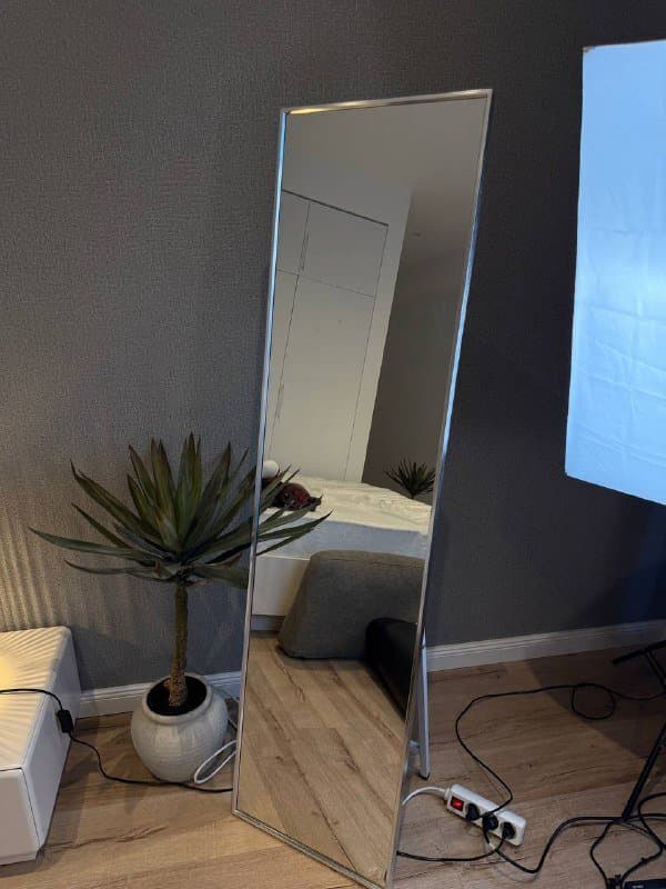 Стол деревянный, лампа напольная, кольцевая лампа, кресло кожаное и компьютерное, тумбочка, автокормушка и автопоилка для кошек, монитор, зеркало в полный рост 10