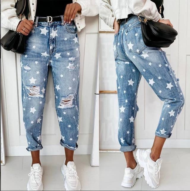 Женские джинсы XXL с принтом звезд и рваным дизайном