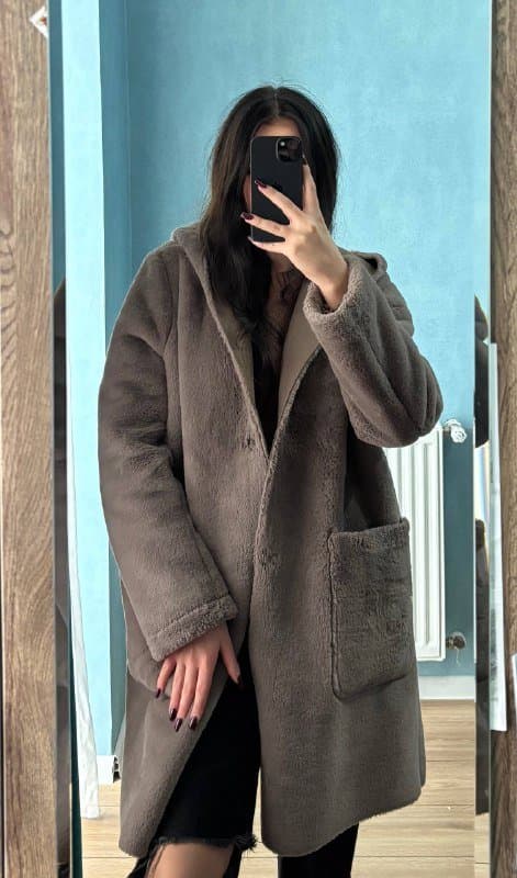 Двухсторонняя шуба-дубленка с капюшоном Zara размер М