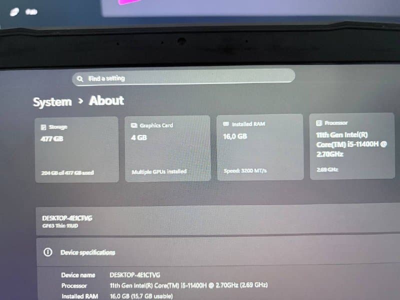 Игровой ноутбук MSI Intel i5 16GB RTX 3050 Ti 5