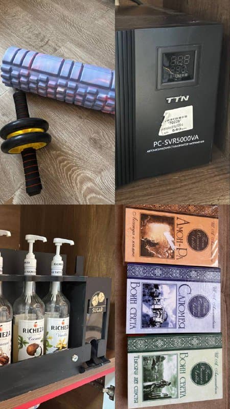 Ролик для массажа, микроволновка, гриль, книги, стабилизатор, чистка для кофемашины, декантер, кофейная станция, микрофон, перчатки, простынь, вентилятор