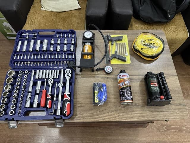 Универсальный авто-набор, насос, ремкомплект, трос, спрей, жидкость для ремонта шин