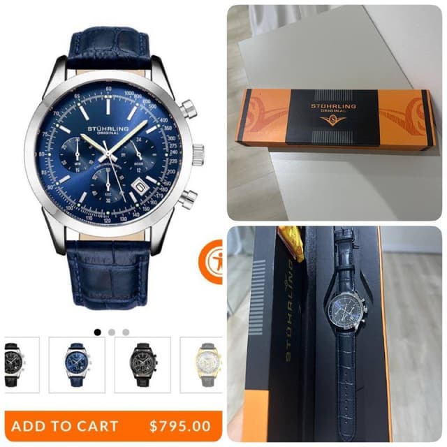 Часы Stuhrling Original мужские синий кожаный ремешок