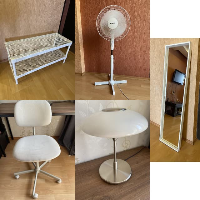 Стол, лампа, зеркало, вентилятор, кресло, подставка для обуви
