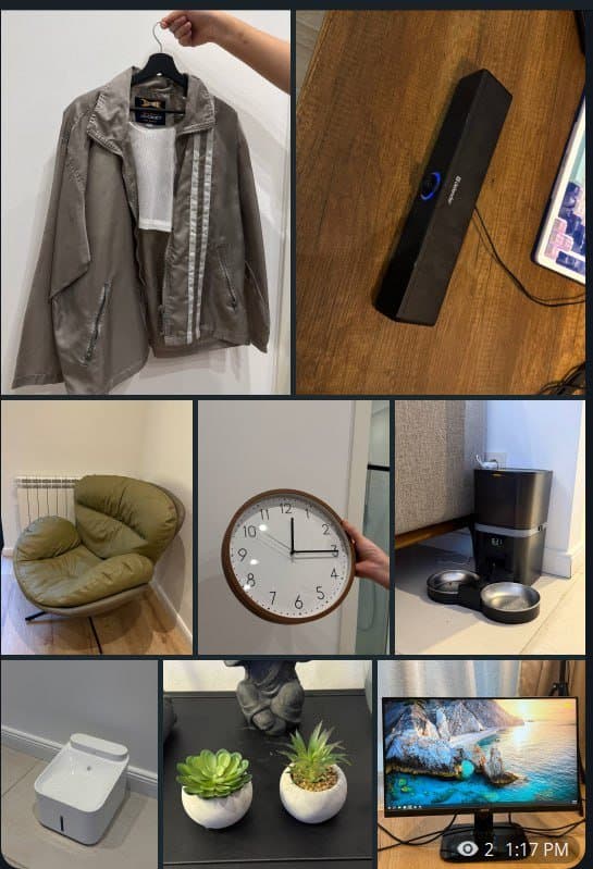 Куртка кожаная, пушиста куртка, мужская ветровка, колонки, кресло, часы, автокормушка, автопоилка, цветочки, монитор, статуэтка будды, настольная лампа, dji mini mic 2, зеркало, пальмы, вазы, корзина для белья, пароварка, набор посуды антипригарной 2