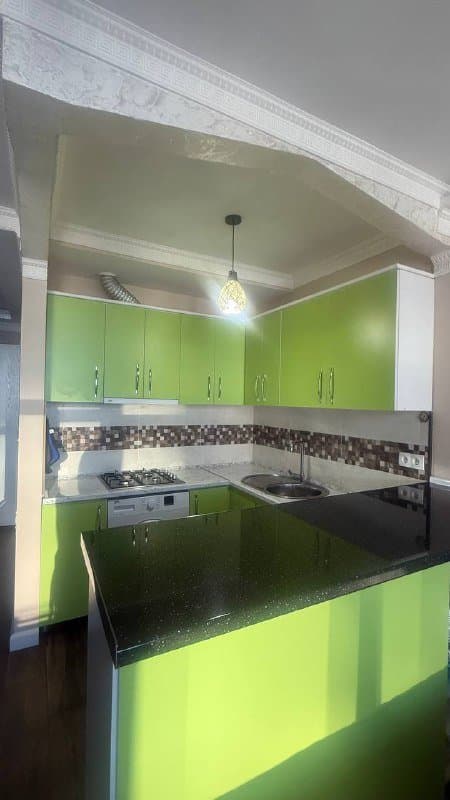 Кухня с газовой плитой, вытяжкой и мойкой со смесителем 2