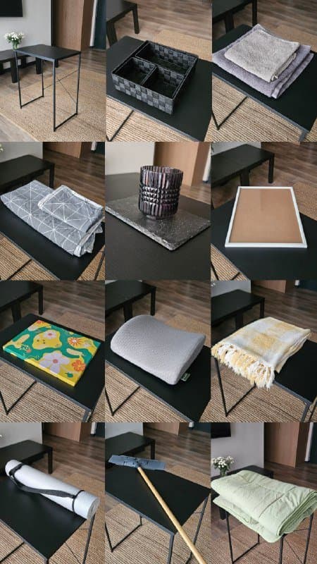 Высокий стол, корзины-органайзеры, ткани, аксессуары для дома