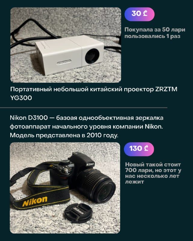 Электрогитара, портативный проектор, фотоаппарат, микрофон, плойка, книги, вечерние платья, Эсперавир 2