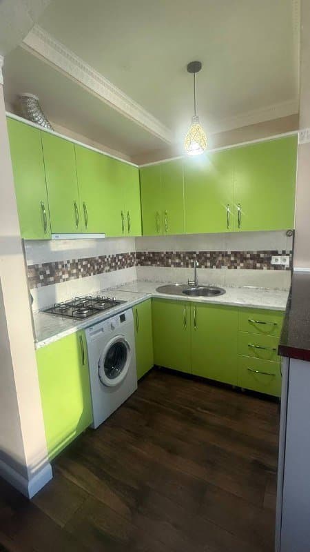 Кухня с газовой плитой, вытяжкой и мойкой со смесителем 1