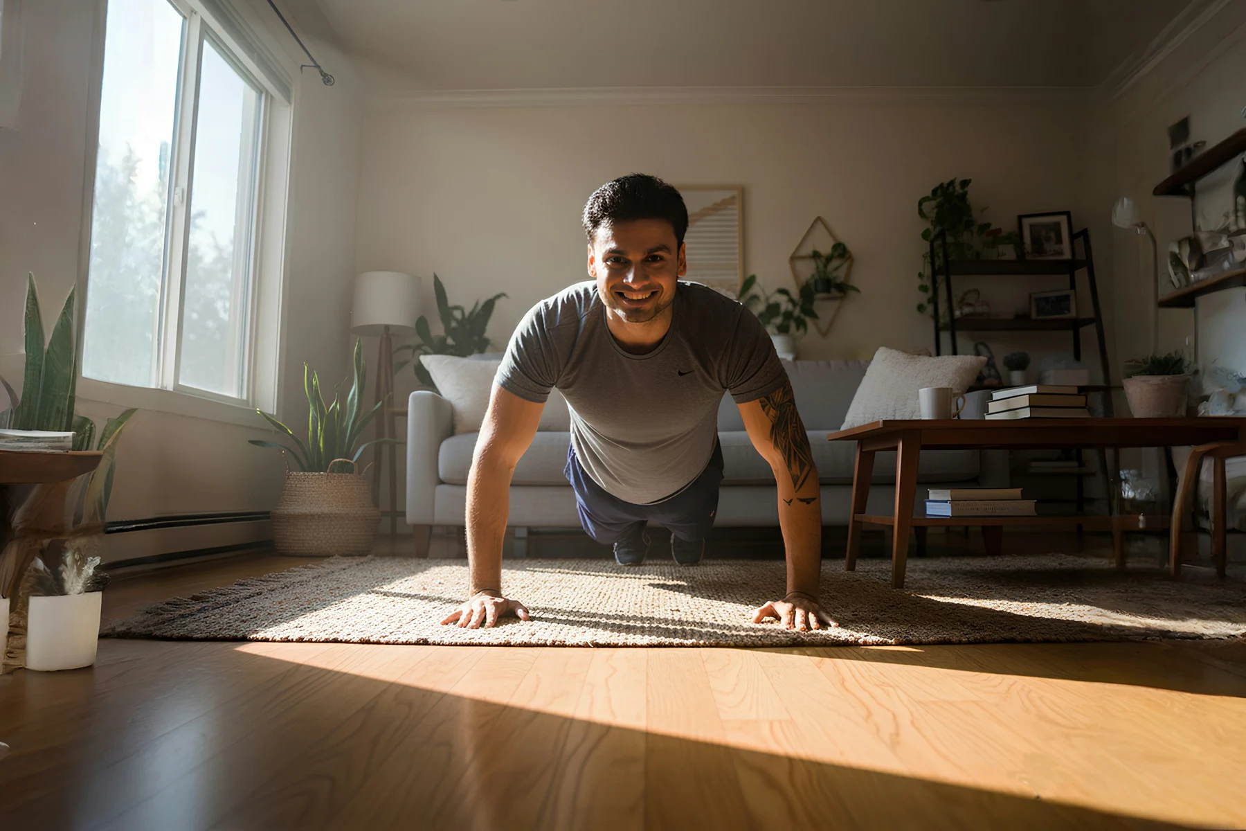 Man doing push-ups in a living room